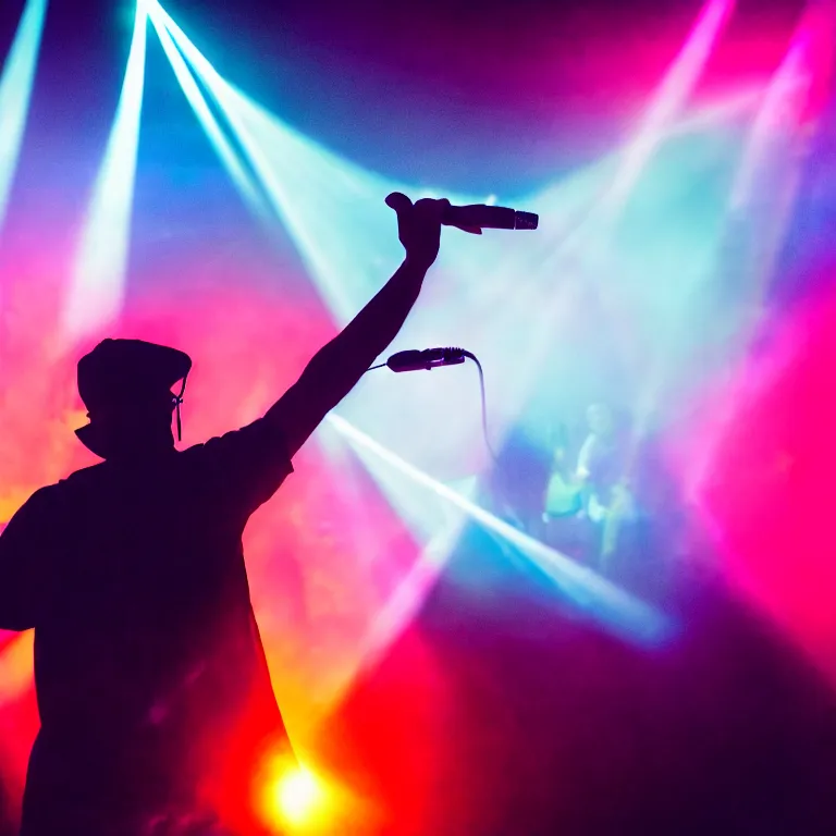 Image similar to rapper performing with microphone, epic pose, profile view, silhouetted, distinct figure, psychedelic hip-hop, laser light show, fog, beams of light