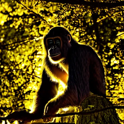 Image similar to rim light around fur of an ape on a tree, silhoutte, dim light, golden hour, tree top, dslr award winning photo, nikon