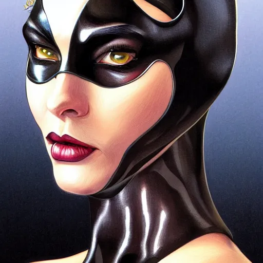 Image similar to Portrait of Catwoman, intricate upper body, whole body, highly detailed, digital painting, artstation, concept art, smooth, sharp focus, illustration, art by Hajime Sorayama