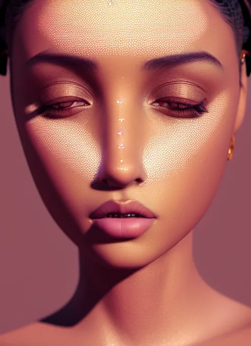 Prompt: beautiful female portrait, arabic, brown skin, rule of thirds, haze, intricate, symmetrical!!, makeup, maybelline, depth of field, cinematic, filmic, vsco, concept art, artstation, digital painting, elegant, model, gorgeous, vray, lightroom, octane render, ambient occlusion, prism lights