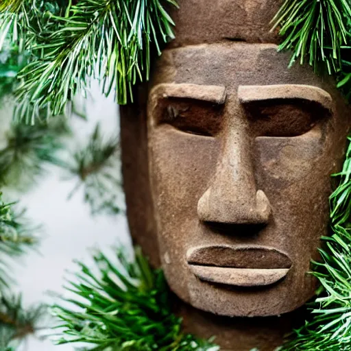 Image similar to a kid at christmas disappointed and crying looking a giant moai statue, his hands buried in his face, sitting down, looking disgusted and annoying | inside of a house next to a christmas tree, large opened present box next to the moai