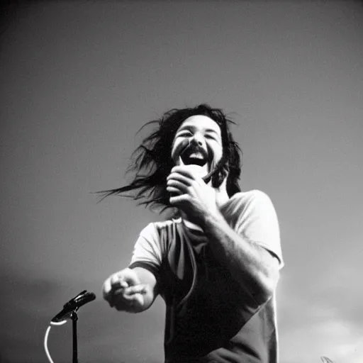 Image similar to 3 5 mm photograph of eddie vedder laughing at the moon