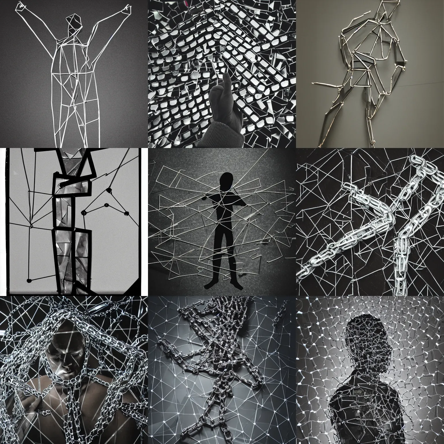 Prompt: person made of disjointed, sharp glass shards, held together by chains, geometric, dark room