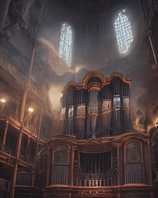 Prompt: pipe organ made entirely of dark smoke, scenic full shot, ambient lighting, detailed face, by stanley artgerm lau, wlop, rossdraws, no people, dramatic lighting