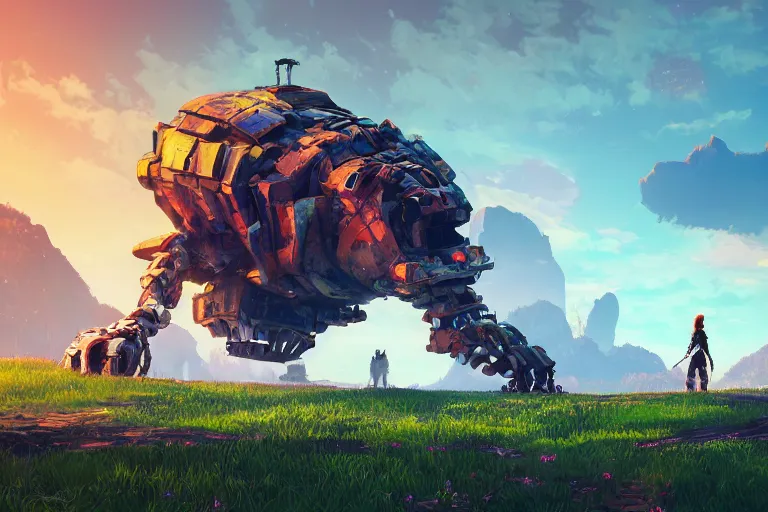 Prompt: gediminas pranckevicius machine mecanical creature robot of horizon forbidden west horizon zero dawn radiating a glowing aura global illumination ray tracing hdr fanart arstation by ian pesty and alena aenami artworks in 4 k