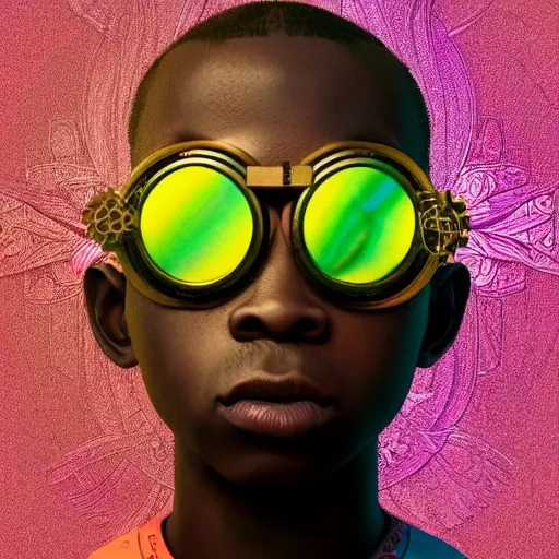 Image similar to colourful vfx upper half - portrait - art of a nigerian boy wearing steam punk goggles, art by utagawa kunisada, james jean & alphonse mucha, symmetrical, intricate detail, concept art, volumetric light, ray tracing, caricature, digital illustration, octane 3 d render, unreal engine, sharp, pinterest, behance, art station,