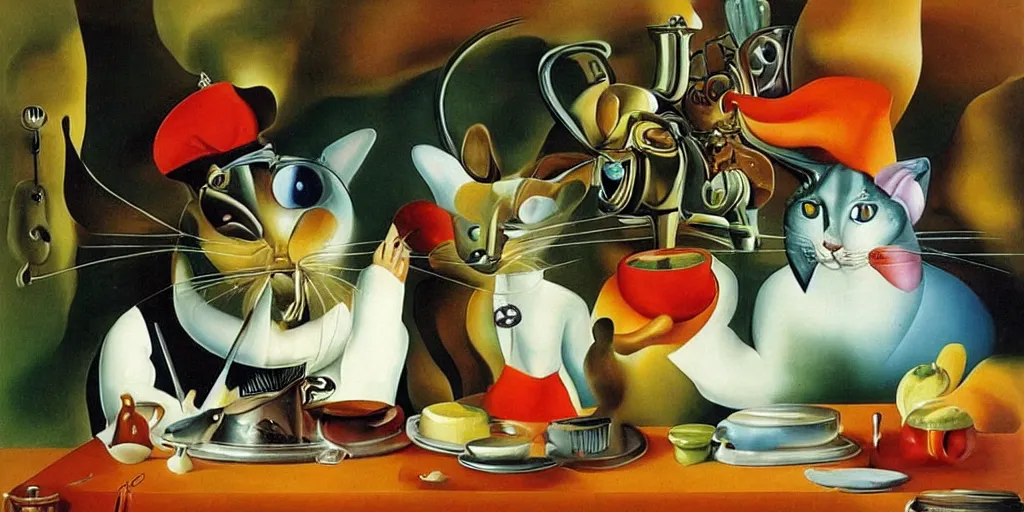 Image similar to anthropomorphic cat chef cooking a delicious colorful soup, by Salvador Dali