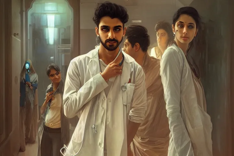 Image similar to Anxious good looking pale young Indian doctors wearing jeans inside a hospital, portrait, elegant, intricate, digital painting, artstation, concept art, smooth, sharp focus, illustration, art by artgerm and greg rutkowski and alphonse mucha