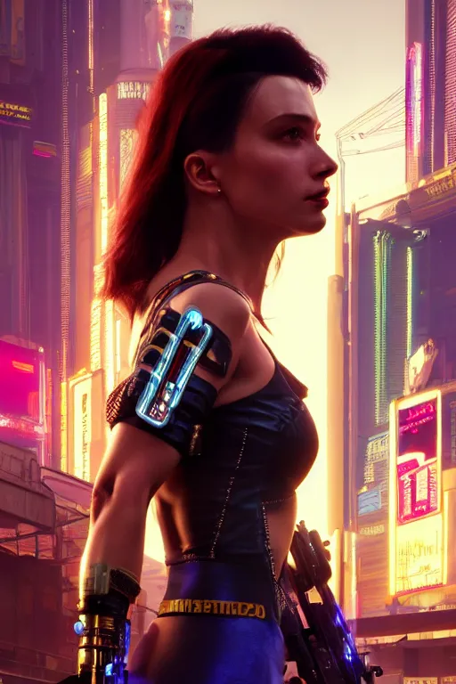 Prompt: A film still of beautiful woman as a character in cyberpunk 2077, highly detailed, digital painting, artstation, concept art, sharp focus, illustration, cinematic lighting, art by artgerm and greg rutkowski and alphonse mucha diffuse lighting, fantasy, intricate, elegant, highly detailed, lifelike, photorealistic, digital painting, artstation, illustration, concept art, smooth, sharp focus, art by John Collier and Albert Aublet and Krenz Cushart and Artem Demura and Alphonse Mucha