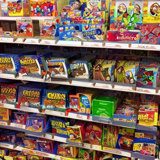 Image similar to aisle at toys are us but the shelves are full of loving goblins