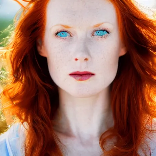 Prompt: close up portrait photo of the left side of the face of a redhead woman with blue eyes and big black round pupils who looks directly at the camera. Slightly open mouth, face covers half of the frame, with a park visible in the background. 135mm nikon. Intricate. Very detailed 8k. Sharp. Cinematic post-processing. Award winning photography