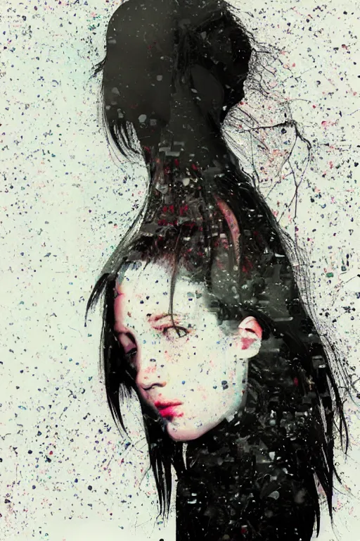 Prompt: random, glitch, picture portrait,(((((((((((((young woman's face))))))))))))), random,long black hair, glitch, pale skin, glitch, random digital render, super-detailed ,glitch, by Millais