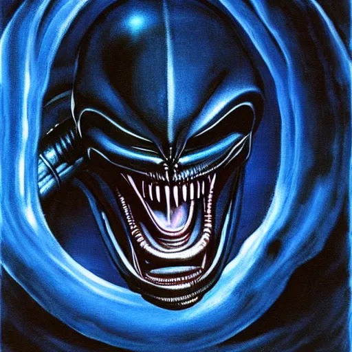 Prompt: a xenomorph looking menacingly at the camera, dramatic blue lighting, night, painted by h. r. giger