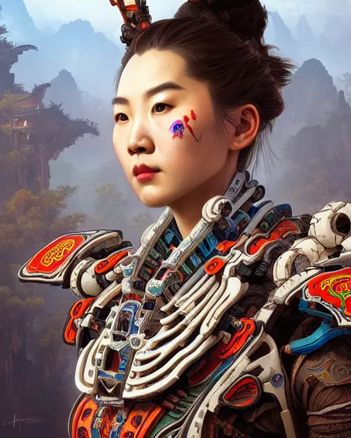 Image similar to portrait of a machine from horizon zero dawn, machine face, upper body, decorated with chinese opera motifs, asian, traditional chinese art, intricate, elegant, highly detailed, digital painting, artstation, concept art, smooth, sharp focus, illustration, art by artgerm and greg rutkowski and alphonse mucha, 8 k