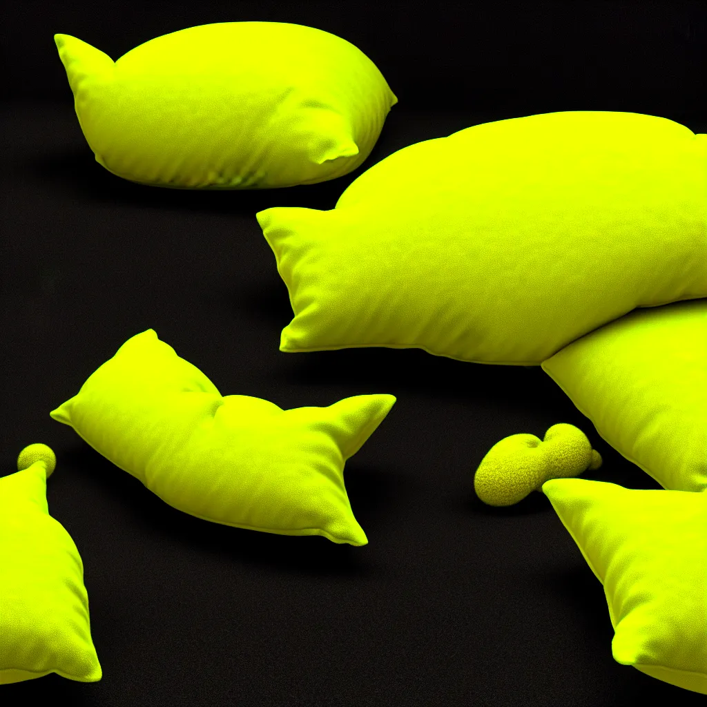 Prompt: small and soft neon yellow creature sleeping on a pillow in the middle, godot engine render, glitchcore aesthetics, high detail texture, 8k