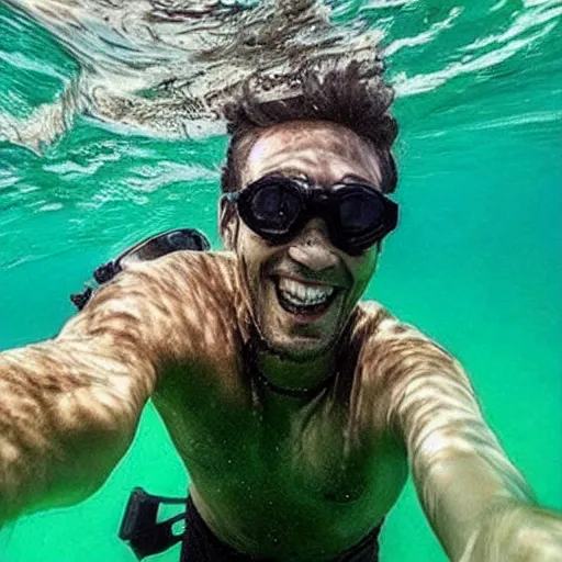 Image similar to a guy taking a selfie with tiger underwater