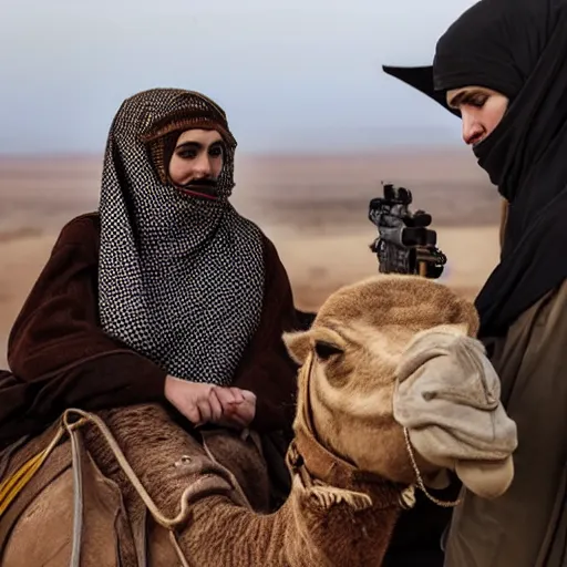 Image similar to anna forsterling and saul bromberger, yulia nevskaya, pulitzer winning, photorealistic, bokeh, fine details, aesthetic / woman wear burqa ride camel and handling gun in shaaran