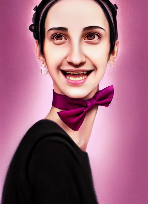 Image similar to portrait of high school girl, realistic, black hair, bangs, half updo hairstyle, pointy nose, skinny, smile, ugly, defined jawline, big chin, pink hair bow, earrings, intricate, elegant, glowing lights, highly detailed, digital painting, artstation, sharp focus, illustration, art by wlop, mars ravelo and greg rutkowski