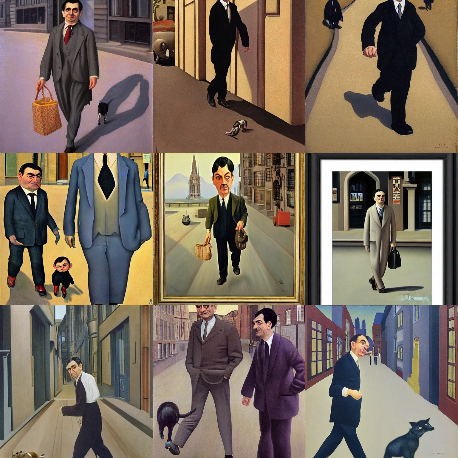 Prompt: mr. bean walks down a street on a sunny day by christian schad