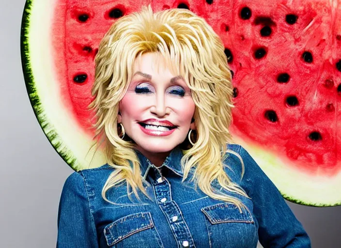 Image similar to studio portrait photo still of 2 0 year old dolly parton!!!!!!!! at age 2 0 2 0 years old 2 0 years of age!!!!!!! surrounded by watermelons, 8 k, 8 5 mm f 1. 8, studio lighting, rim light, right side key light