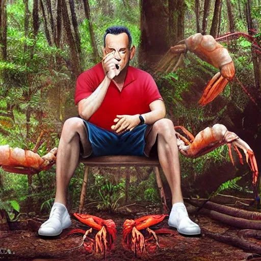 Image similar to Tom Hanks as forrest gump sitting on a giant shrimp in the jungle, realistic digital painting, in the style of Taeyoung Choi, photoreailstic, realistic face, amazing detail, sharp