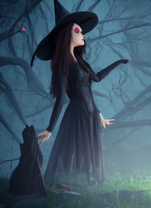 Image similar to young witch ; occult magic ; black dress ; nice face ; a crow sitting on her head ; unreal engine ; photorealistic ; dark colors ; cinematic light