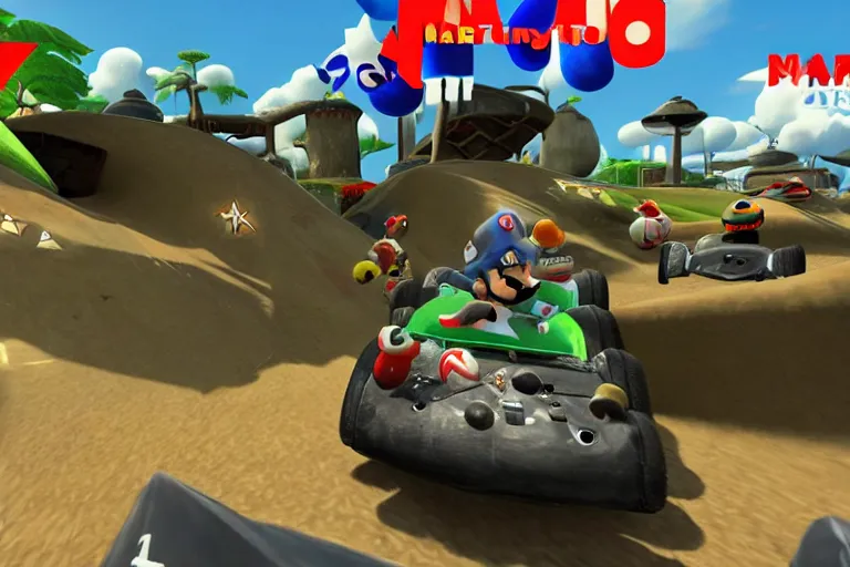 Image similar to mario kart in ww 2 trenches, ingame screenshot, highly detailed