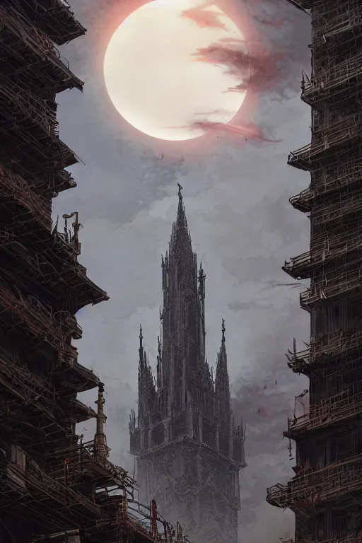 Prompt: A dramatic solar eclipse over a medieval construction site for the tallest tower in the world. masterpiece 4k digital design by John Avon and Greg rutkowski, award winning, Artstation, Takato Yamamoto aesthetic, Neo-Gothic, gothic, forest on background, intricate details, realistic, hyperdetailed, 8k resolution