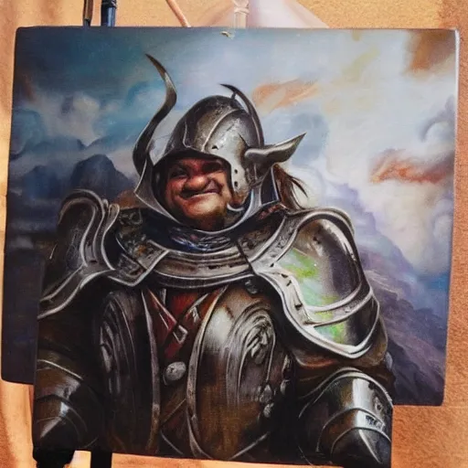 Image similar to last selfie taken by, oilpainting a tolkien dwarf, resembling Danny Devito wearing metal Armour that is smiling, in combat, apocalyptic, smoldering ruins, corpses on the ground, gore, fire