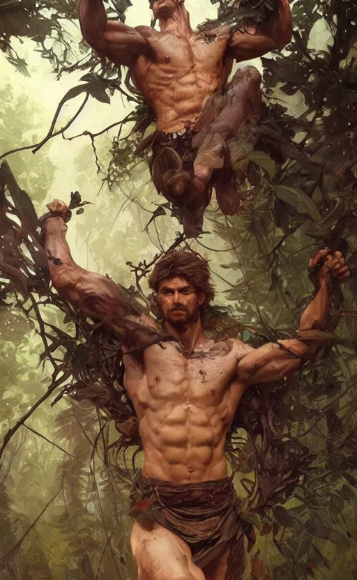 Image similar to god of the forest, 3 0 years old, rugged, male, gorgeous, detailed face, amazing, thighs!!!!!!, muscular, intricate, highly detailed, digital painting, artstation, concept art, sharp focus, illustration, art by greg rutkowski and alphonse mucha