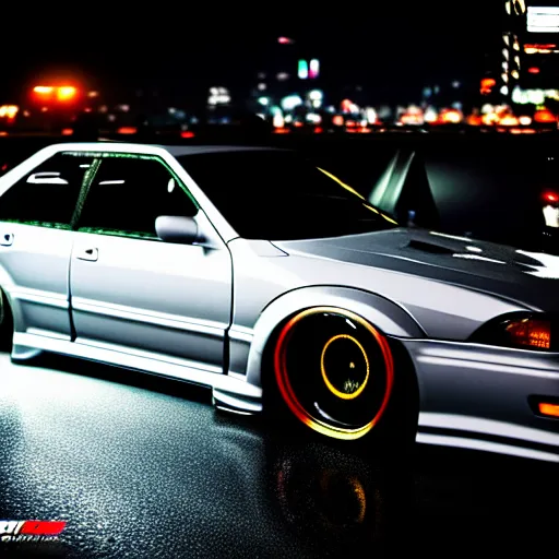 Image similar to a car JZX100 twin turbo drift at illegal car meet, Shibuya prefecture, city midnight mist lights, cinematic lighting, photorealistic, highly detailed wheels, high detail