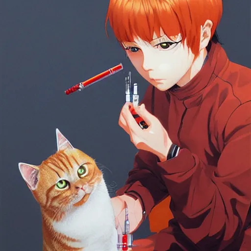 Image similar to an orange tabby gets a shot by a syringe by ilya kuvshinov katsuhiro otomo