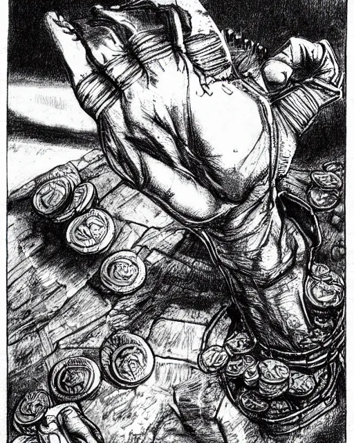 Prompt: pen and ink drawing of a goblin merchant holding out his palm to show gold coins, by steve jackson and ian livingstone, highly detailed