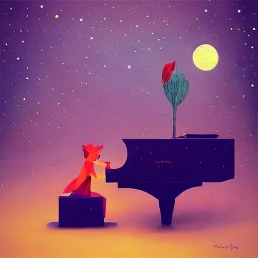 Prompt: low poly, pixar, la pianista Elesky tocando su piano en un surreal hybrid animals, nostalgia for a fairytale, magic realism, flowerpunk, mysterious vivid colors by andy kehoe and amanda clarke en un mundo de Gediminas Pranckevicius y Shamsia Hassani