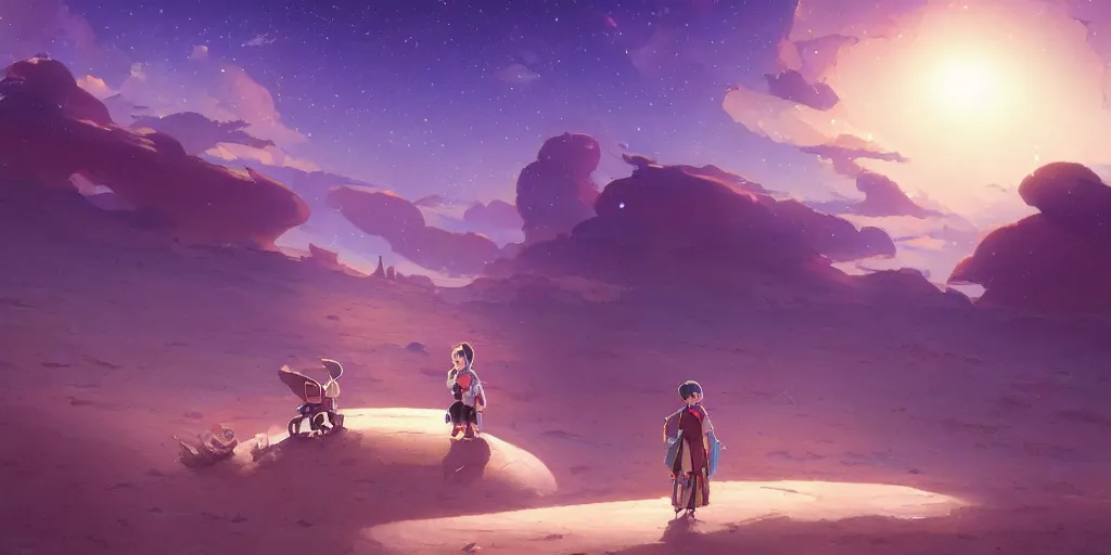 Image similar to desert with sky with stars by studio ghibli, pixar and disney animation, sharp, anime key art by rossdraws greg rutkowski craig mullins, bloom, back lighting