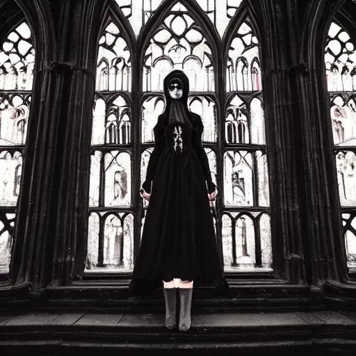 Image similar to gothic girl dressed in black, perfect face, macro head shot, behind her a whole gothic cathedral, perfect photo the full cathedral is visible, wide lens, no decaying lines, the windows of the cathedral are reflecting red flame lights, delicate mandala intricate ornaments