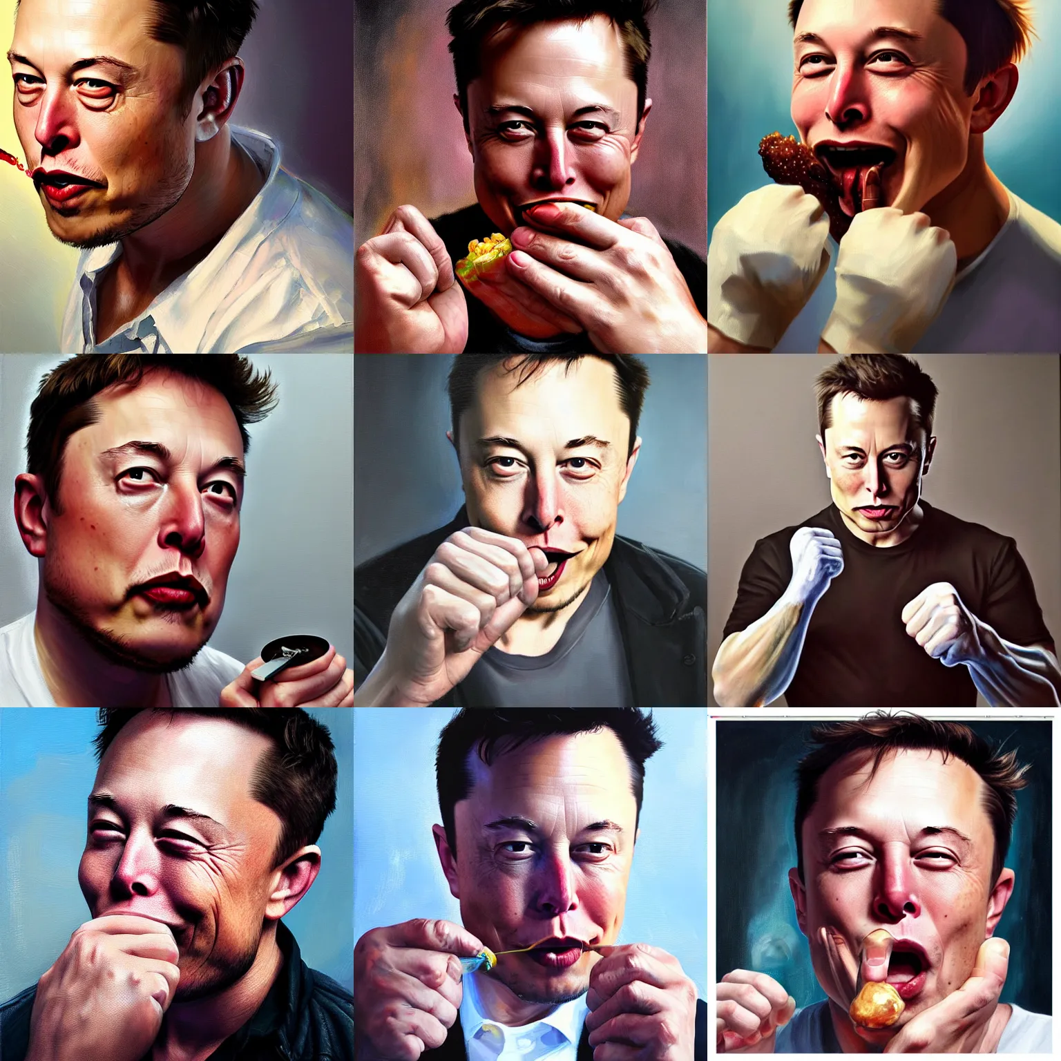 Prompt: elon musk eating his own fist, oil painting, beautiful, high detail, cgsociety