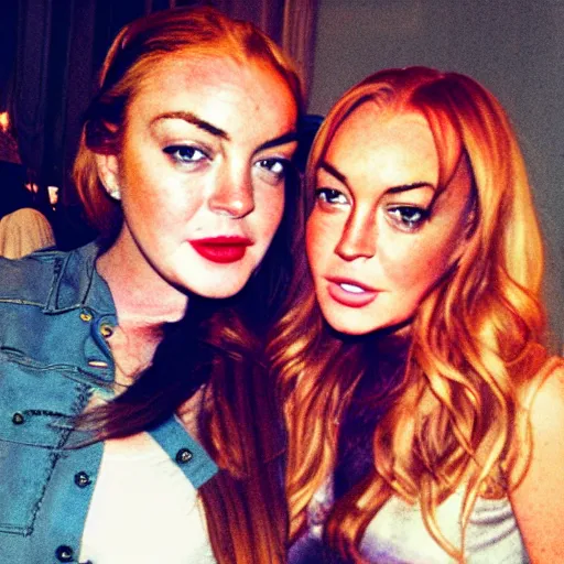 Image similar to Selfie photograph of Lindsay Lohan and Lindsay Lohan, golden hour, 8k,