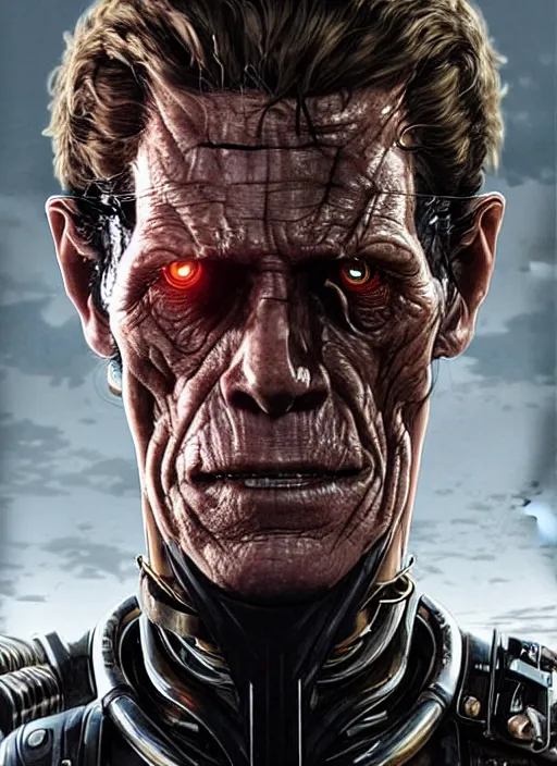 Prompt: portrait of willem dafoe as victor stone, cyborg, borg, strogg, face of a man, terminator, flesh, quake strogg, doom demon, wolfenstein, monstrous, symmetry, symmetrical, concept art by ruan jia and greg rutkowski