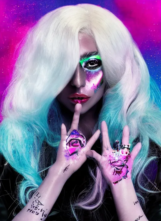 Image similar to lady gaga with long white hair holding a peace sign, an album cover by Hedi Xandt, featured on deviantart, holography, smokey background, matte background, seapunk High resolution. Highly detailed. Dramatic. 8k.4k.