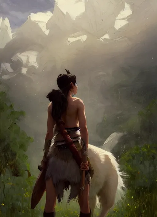 Image similar to portrait of Princess Mononoke, countryside near forest, calm, fantasy character portrait, dynamic pose, above view, sunny day, thunder clouds in the sky, artwork by Jeremy Lipkin and Giuseppe Dangelico Pino and Michael Garmash and Rob Rey, very coherent asymmetrical artwork, sharp edges, perfect face, simple form, 100mm