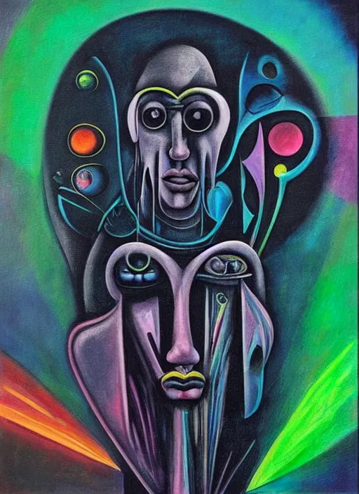 Prompt: “A surreal neon painting of a shaman futuristic picasso by hr giger and Vladimir kush and dali and kandinsky, 3d, realistic shading, complimentary colors, vivid neon colors, aesthetically pleasing composition, masterpiece, 4k, 8k, ultra realistic, super realistic”