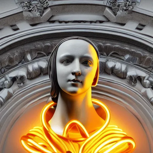 Image similar to a renaissance statue inside a neon ring sculpture, black background, ray tracing, 3 d render, 8 k resolution, shar focus, hyper detailed, hyper realistic