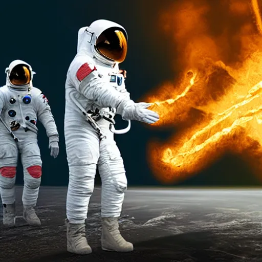 Image similar to an astronaut that’s on fire shaking hands with a space alien, realistic