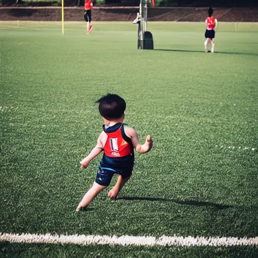 Prompt: Justin Sun kicking, baby flying through a field goal, professional Australian Rules Football photography