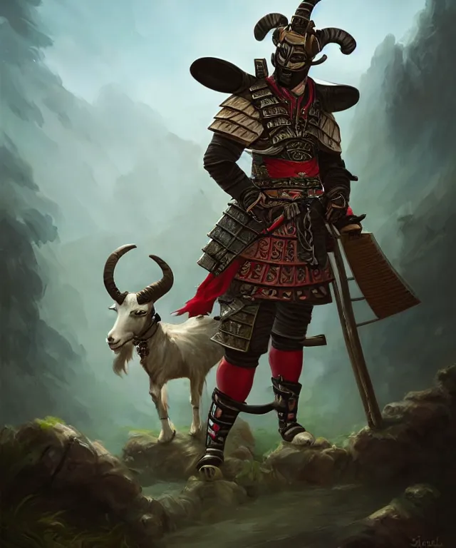 Prompt: anthropomorphic goat samurai, samurai outfit, standing in a beautiful landscape, cute and adorable, dnd character art portrait, matte fantasy painting, deviantart artstation, by jason felix by steve argyle by tyler jacobson by peter mohrbacher, cinematic lighting