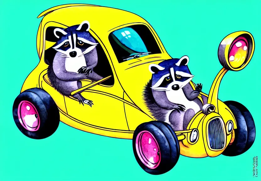 Image similar to cute and funny, racoon with funny expression riding in a tiny hot rod coupe with oversized engine, ratfink style by ed roth, centered award winning watercolor pen illustration, isometric illustration by chihiro iwasaki, edited by range murata