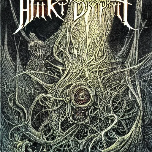 Prompt: intricate book cover art for h.p. lovecraft's haunter of the dark by ian miller