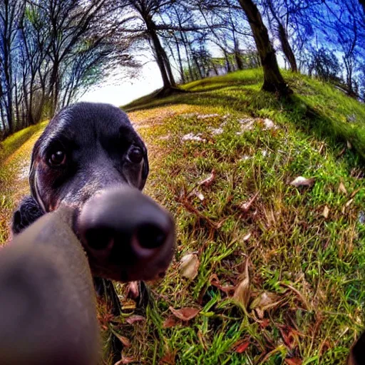 Prompt: dog sniffing camera, close-up, gopro image, worm's-eye view