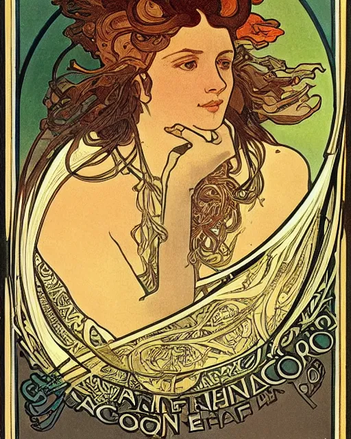 Image similar to four of an eagle, face of an lion, face of an ox, face of an human, on one creature. drawn by alphonse mucha